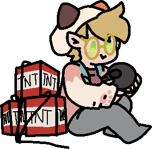 A chibi version of Dust. He is wearing a cat-themed hoodie and holding a wither skull, with TNT behind him.